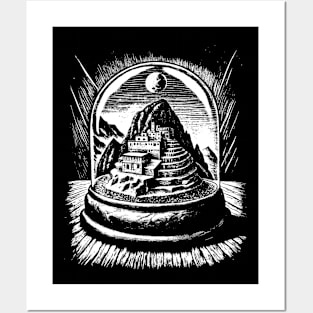 Machu Picchu in a snow globe art in linear style Posters and Art